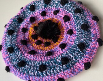 Crochet Beret with Faux Fur Pom Pom & PU trim
