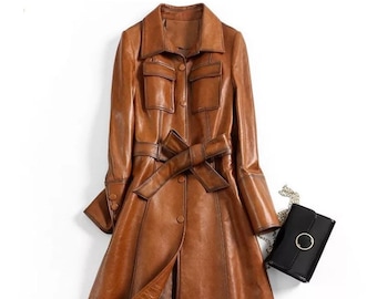 Brown Trench Coat Original Lambskin Leather Below Knee Long Coat Distressed Leather Vintage Style