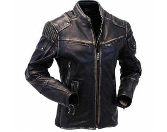 Motorcycle Distressed Black Real Leather Jacket Mens, Vintage Look Biker Leather Coat / XS-5X \u0026 Customisation