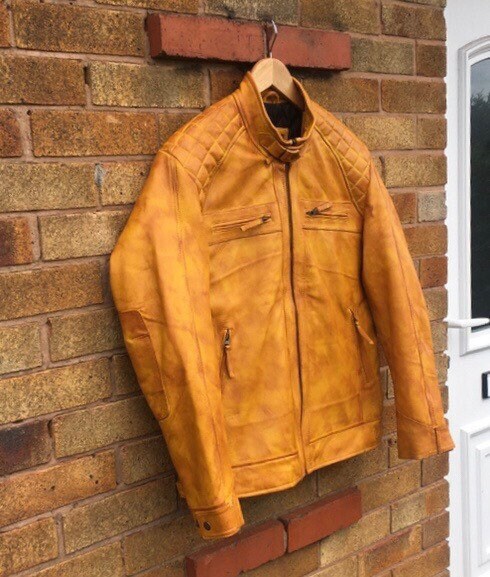 Image of 1990S Cafe Racer Waxed Yellow Leather Jacket Mens, Soft Real Diamond Classic Winter Biker Coat/Xs-5X & Customisation