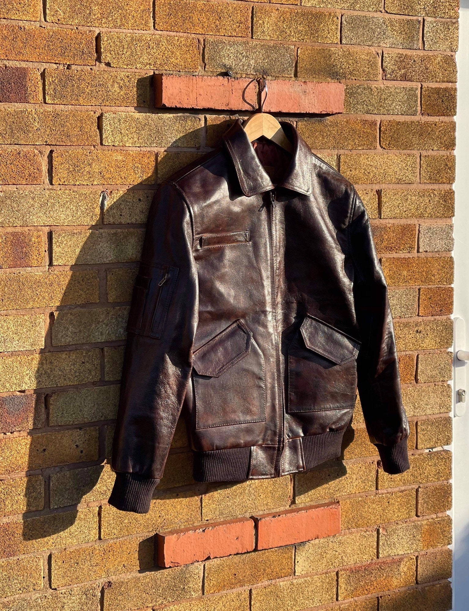 Image of Usaf Military Vintage Style A2 Pilot Leather Jacket Mens, Genuine Waxed Brown Streetwear Coat/Xs-5X & Customisation