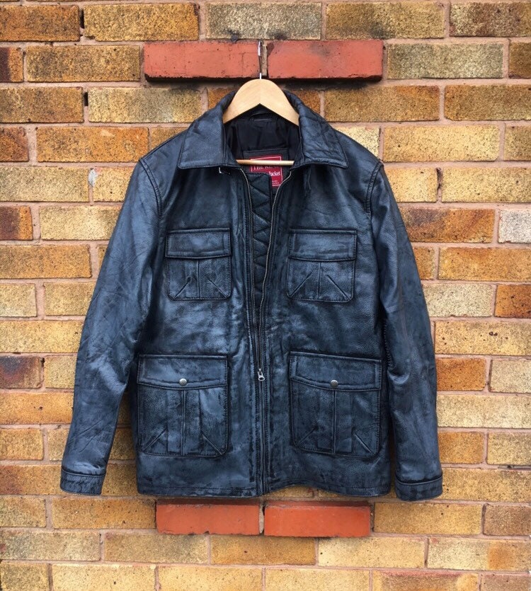 Image of 90S Western Distressed Grey/Black Vintage Pocket Style Real Leather Jacket Mens Streetwear Winter Coat Xs-5X & Customisation