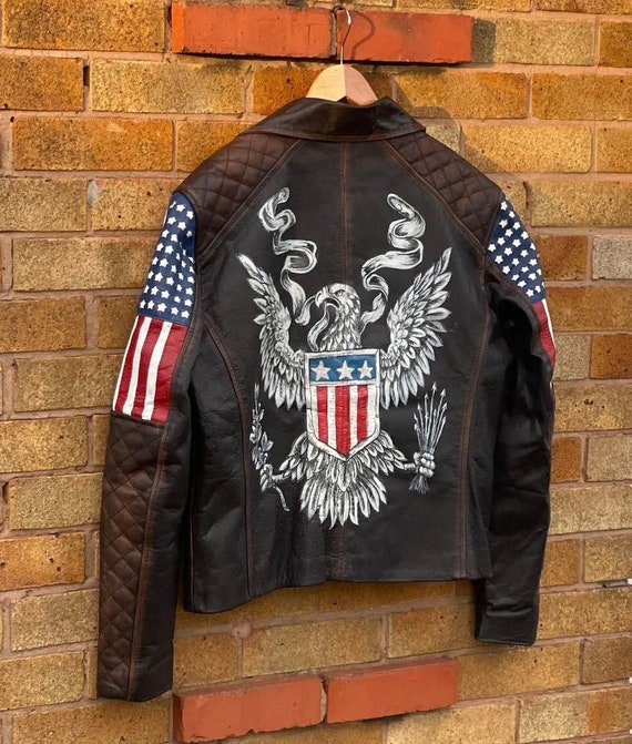 USA Flag Hand-painted Retro Biker Jacket personalise Your - Etsy