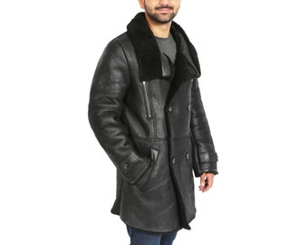 Double Breasted Long Reefer Jacket, Genuine Leather Black, Real Fur Overcoat Coat Men’s Jacket / XS-5X & Customisation