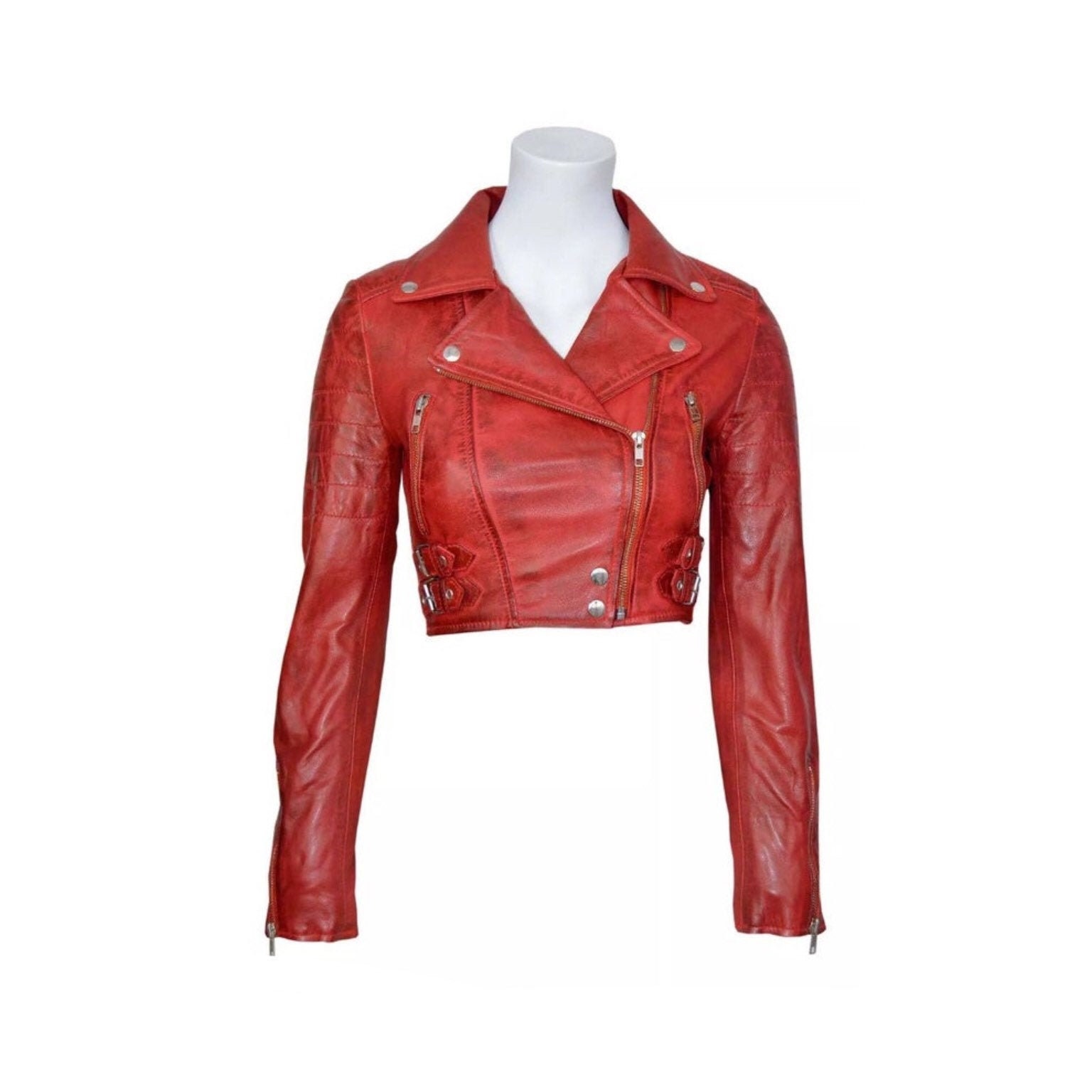 cropped leather jacket red