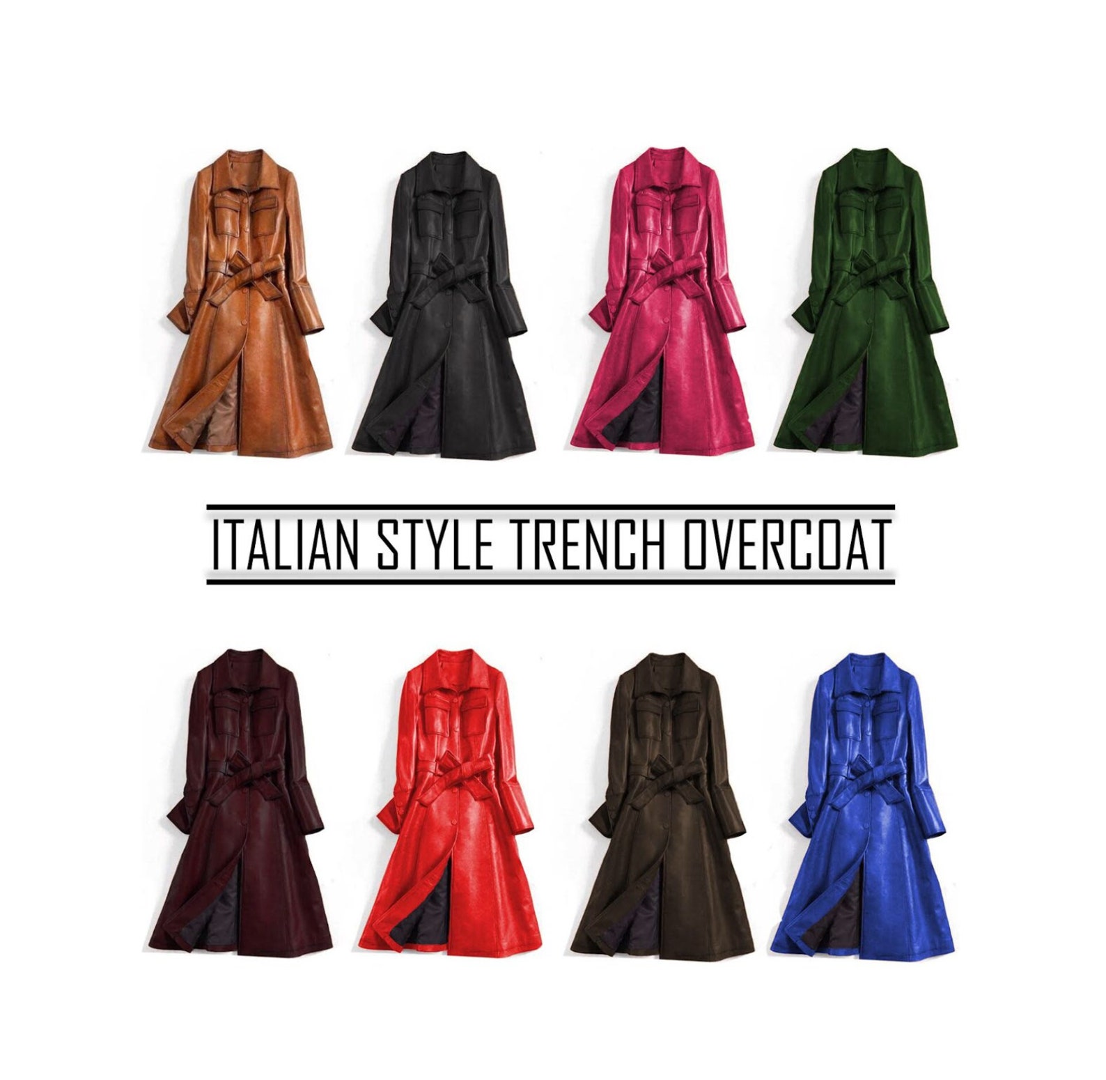 Italian Style Overcoat Real Leather Trench Coat Sashes Belt Etsy