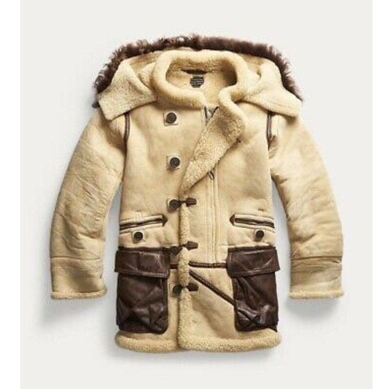 1940s Flight Shearling Leather Hooded Coat, Ivory Colour Winter Real Leather Jacket Mens Streetwear Trench Overcoat / XS-5X \u0026 Customisation