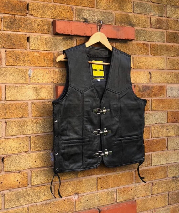 Image of Road Riders Side Laced Thick Real Leather Vest Mens Metal Buckle Motorbike Black Streetwear Biker Waistcoat/Xs-5X & Customisation
