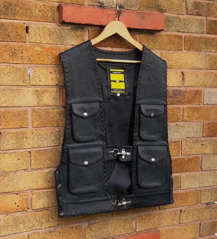 Image of Western Cowboy Style 4 Flap Pocket Short Side Laced Real Leather Black Waistcoat Mens Metal Buckle Motorbike Vest/Xs-5X & Customisation