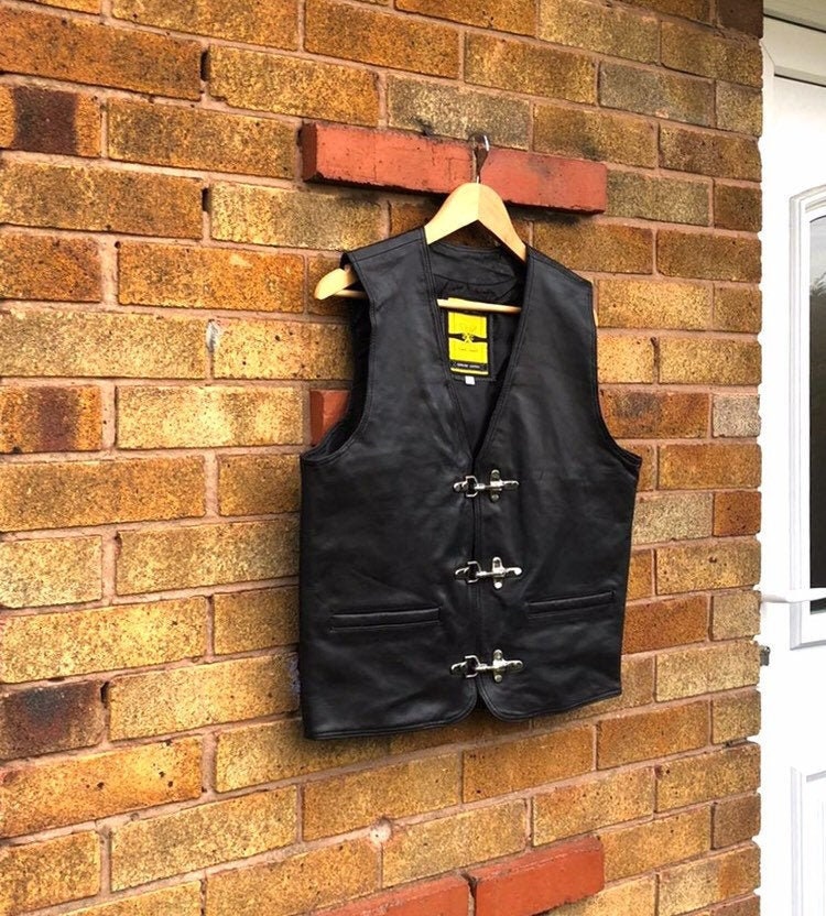 Image of Russian Style Single Panel Black Real Leather Vest Mens Metal Buckle Closer Street Moto Rider Waistcoat/Xs-5X & Customisation