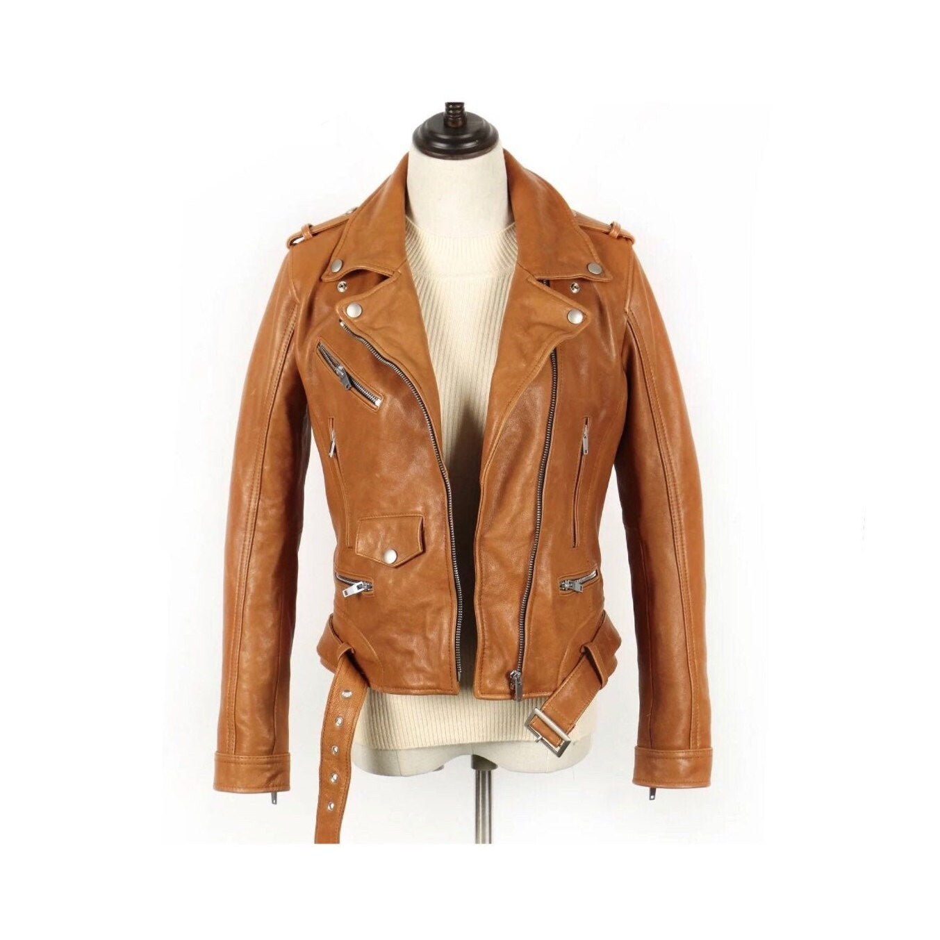 Biker Jacket Womens Tan Colour Genuine Leather Jacket, Streetwear Cropped Motorcycle Coat / XS-3X \u0026 Customisation