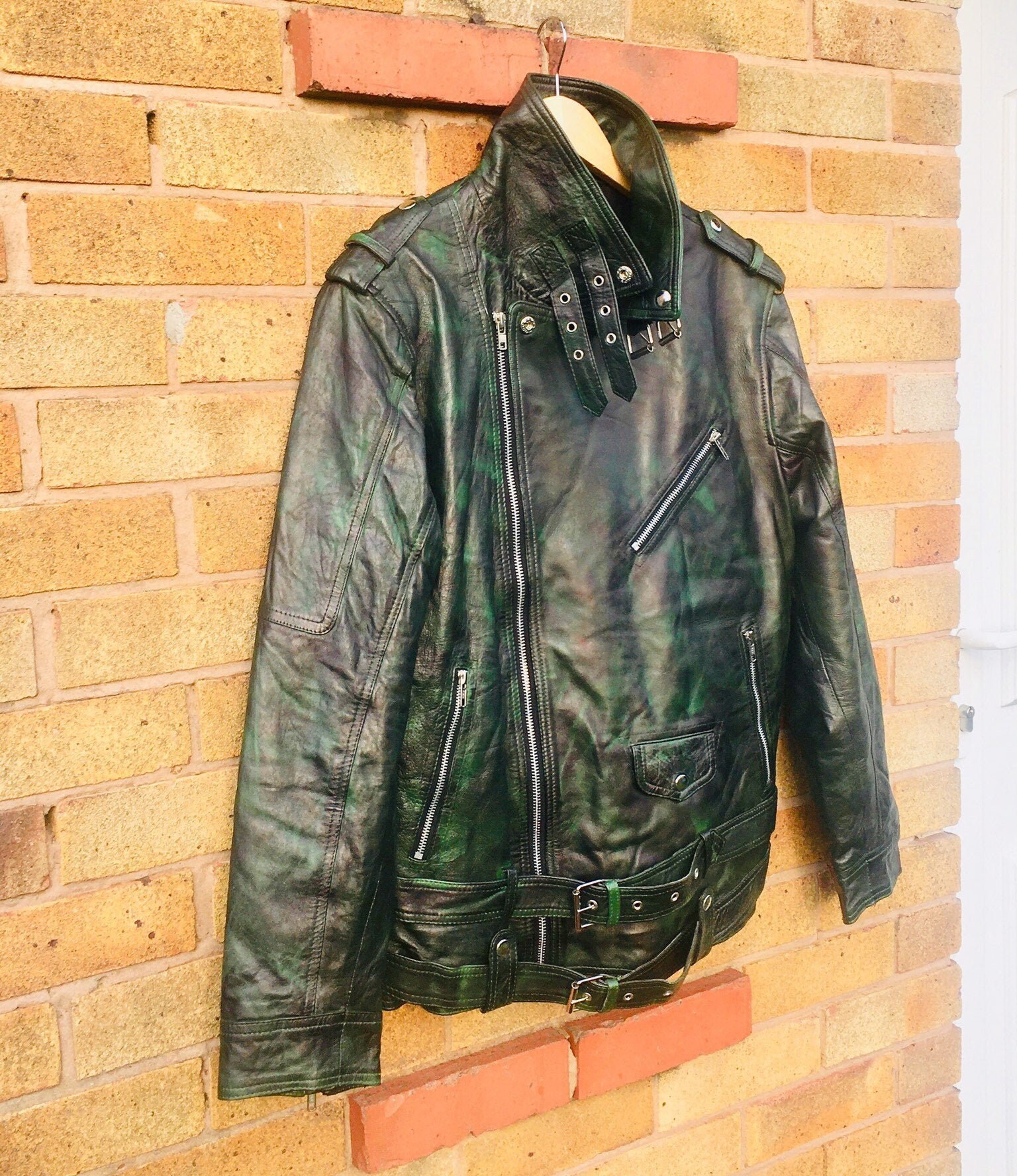 Image of Vintage Style Retro Biker Leather Jacket Mens, Real Waxed Dark Green Streetwear Moto Rider Coat/Xs-5X & Customisation