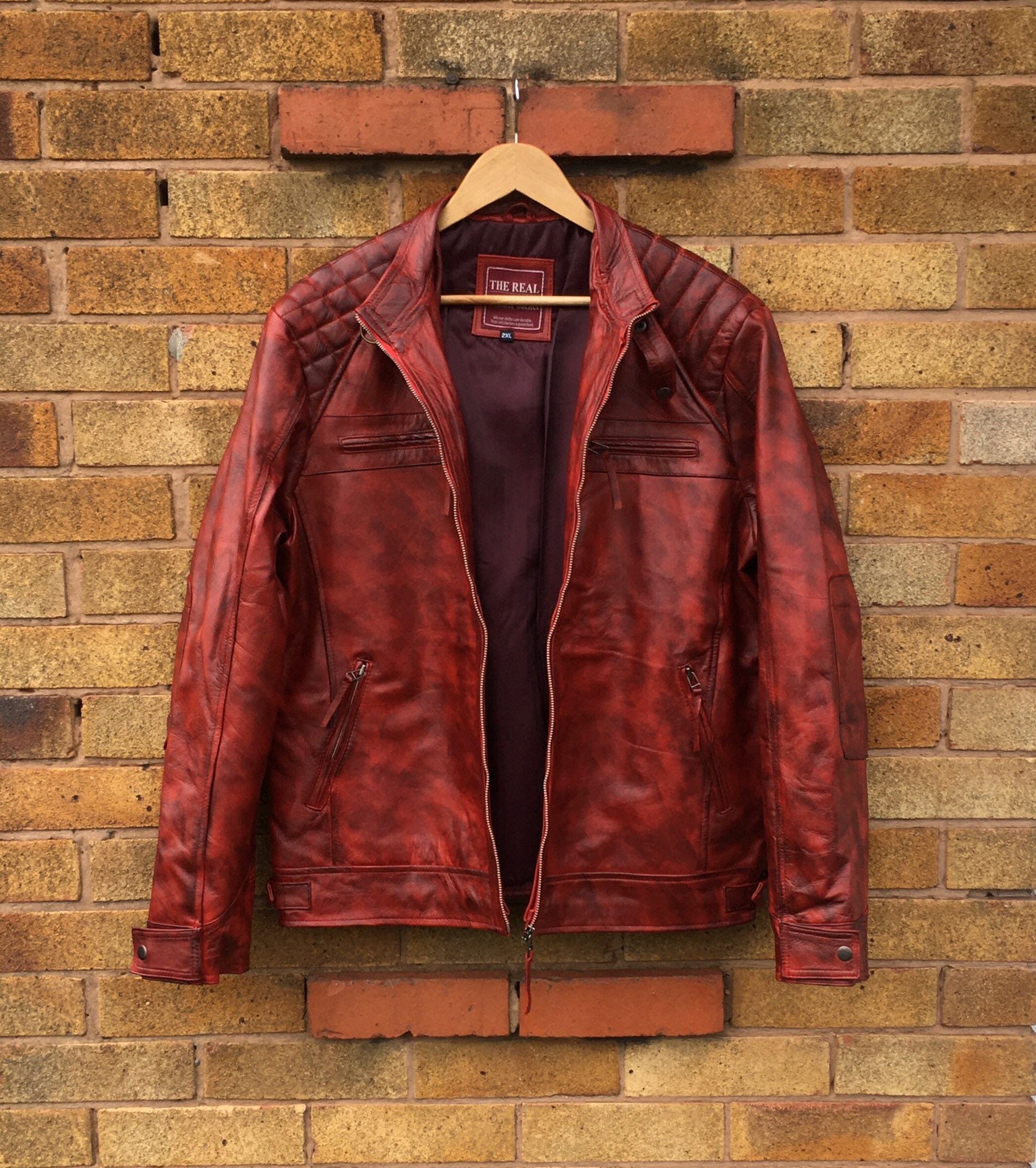 Image of 1990S Cafe Racer Waxed Maroon Leather Jacket Mens, Soft Real Diamond Classic Winter Biker Coat/Xs-5X & Customisation