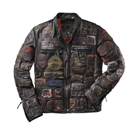 Streetwear Punk Embroidery Patchwork Jacket Vintage Waxed Black Real Leather Jacket Mens Road King Bikers / XS-5X \u0026 Customisation