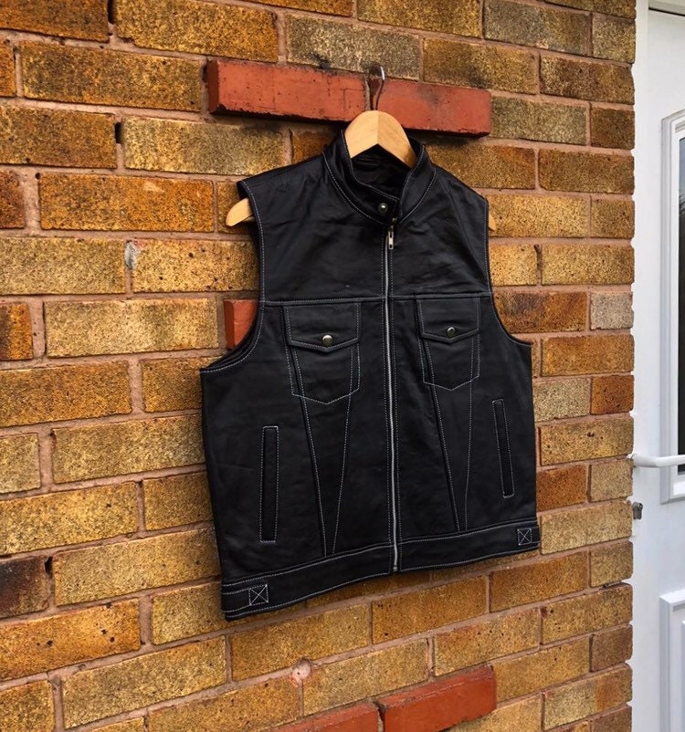 Image of White & Black Stitch Leather Waistcoat Mens Real Casual Streetwear Vest Sleeves Less Coat/Xs-5X & Customisation