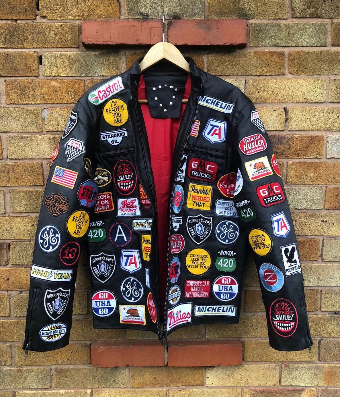Image of Punk Jacket Halloween, Embroidery Patchwork Streetwear Gothic Black Real Leather Mens, Road King Biker Coat/Xs-5X & Customisation