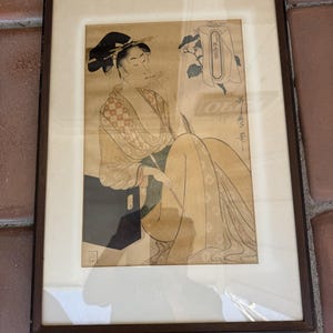 Japanese Ukiyo-e Woodblock Print Beauty Smoking a Pipe after Utamaro ~ Bijin-ga Geisha, Signed Utamaro, Framed Asian Wall Art