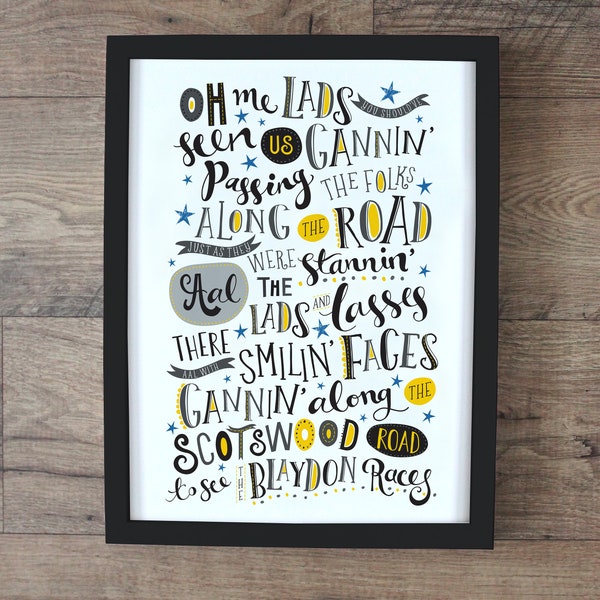 Blaydon Races Typographic Art Print - Geordie Print - Geordie Football - Newcastle United - North East