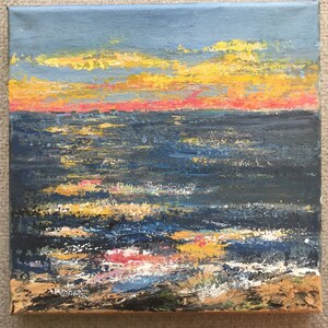 Original Acrylic Painting on canvas. Sunrise at the Sea #3, ocean, beach, Wall decor. Wall art. 8”x8”