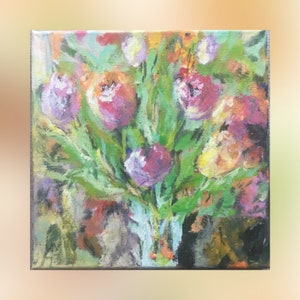 Original Acrylic Painting on canvas. Garden. Flower. Spring. Tulips. Wall decor. Wall art. 8”x8”