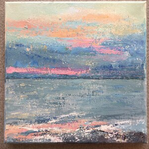 Original Acrylic Painting on canvas. Beach, ocean, Sunrise at the Sea #2, Wall decor. Wall art. 8”x8”