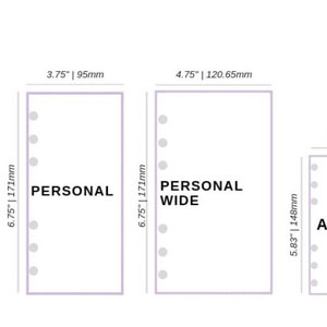 May include: Diagram showing the different sizes of a disc bound notebook. The sizes are A5, Personal, Personal Wide, A6, and Pocket. The measurements are in inches and millimeters.