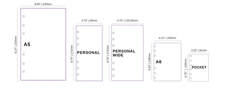 May include: Diagram showing the different sizes of a disc bound notebook. The sizes are A5, Personal, Personal Wide, A6, and Pocket. The measurements are in inches and millimeters.