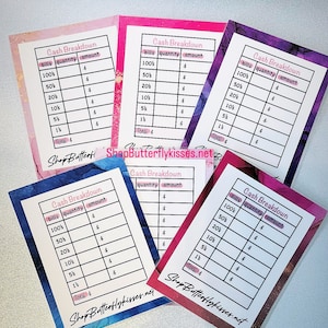 Tarjeta laminada de desglose de efectivo para relleno de efectivo/recuento de efectivo/presupuesto/ahorros