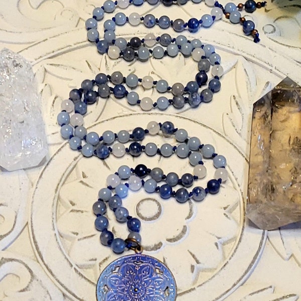 White Jade / Blue Aventurine / Angelite / Mandala/ 108 Bead Mala Necklace / Meditation / Yoga / Healing