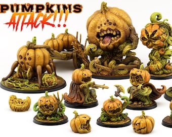 May include: A set of 10 pumpkin-themed miniature figures, including a large pumpkin monster with a toothy grin and a smaller pumpkin figure with a scythe. The figures are painted in shades of orange, brown, and green, and are set against a white background. The text "Pumpkins Attack!" is written in red letters at the top of the image. The text "May release" is written in black letters at the top right of the image. The text "Print Your Monsters" is written in red and black letters at the bottom right of the image.