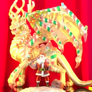 May include: A gold and white dragon figurine with candy cane and swirl decorations. The dragon is standing on a base with a Santa Claus figurine in front of it.