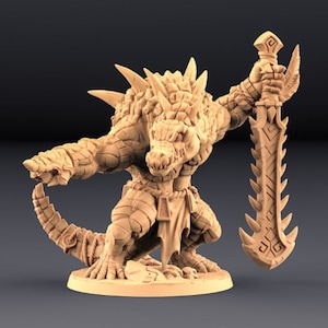 May include: A detailed miniature figurine of a crocodile-like creature with a spiky back and a large sword. The figurine is painted in a light brown color and is standing on a circular base.