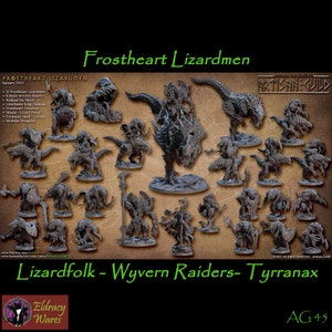 May include: A collection of grey plastic miniature figurines of lizard people, wyverns, and a large lizard-like creature. The miniatures are posed in various fighting stances and are ready for tabletop gaming.