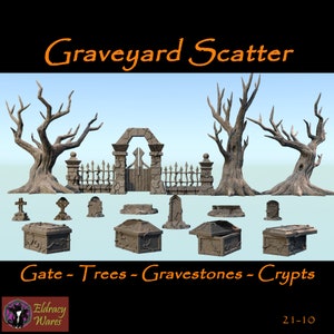 May include: Image of a graveyard scene with a gate, trees, gravestones, and crypts. The scene includes a stone gate, leafless trees, and various stone crypts and gravestones. The text "Graveyard Scatter" is at the top.