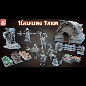 Könnte beinhalten: Ein Miniatur-Hobbit-Bauernhof-Spielset mit einem kleinen Haus, einem Zaun, einer Vogelscheuche und verschiedenen Figuren. Das Set enthält eine Vielzahl von Feldfrüchten, darunter Kürbisse und Kürbisse.