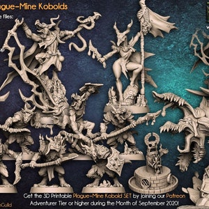 Puede incluir: Un conjunto de miniaturas de Plague-Mine Kobolds imprimibles en 3D para juegos de mesa. El conjunto incluye una variedad de figuras, entre ellas una Reina de la Peste, un Plaguemancer y varios Kobolds. Las miniaturas están esculpidas con un estilo detallado y dinámico, con un enfoque en capturar la naturaleza grotesca e inquietante de los Plague-Mine Kobolds.
