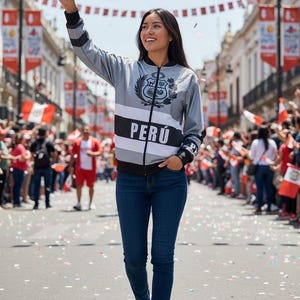 May include: A grey bomber jacket with black trim, featuring the Peruvian coat of arms and the text PERÚ in white on a black horizontal stripe across the chest, paired with dark blue denim jeans and white trainers, while holding a small Peruvian flag.