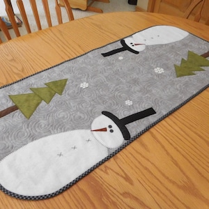 Digital PDF table runner pattern, Quilted snowman and trees, Winter decor, Holiday, Gift for quilter, Tilting Trees