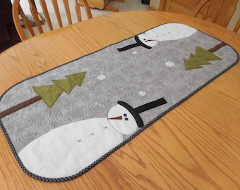 Digital PDF table runner pattern, Quilted snowman and trees, Winter decor, Holiday, Gift for quilter, Tilting Trees