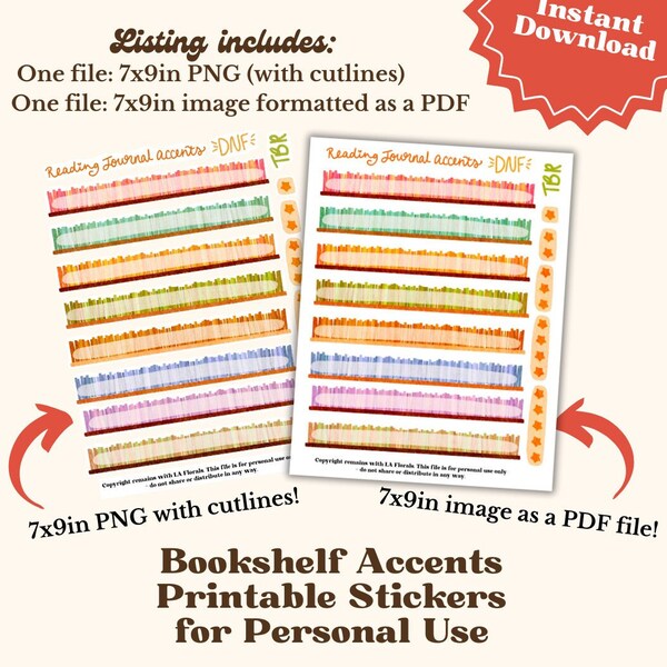 Printable Bookshelves Stickers with two files (PNG & PDF) sized at 7x9inches, Instant Download Printable Sticker Sheet Set