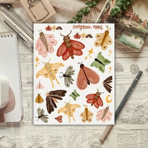 Storybook Moths Sticker Sheet for Journals and planners deco sticker sheet for planning, aesthetic cottagecore sticker sheet, planner deco