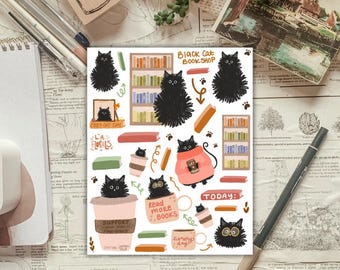 Black Cat Book Shop Sticker Sheet for Planners and Journals