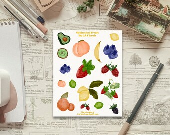 May include: Whimsical Fruits by L.A. Florals sticker sheet featuring illustrations of various fruits, including a peach, kiwi, avocado, lemon, banana, strawberry, blackberry, and blueberries. The sticker sheet is white with a yellow border and text.