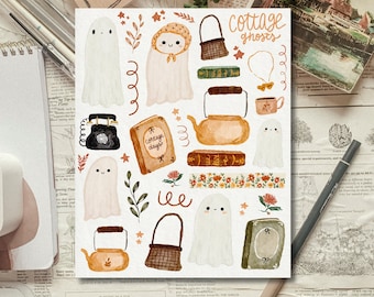 Cozy Ghosts Sticker Sheet for Journals and planners deco sticker sheet for planning, aesthetic cottagecore sticker sheet, planner