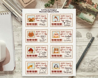Library Card Original Characters Bookish Aesthetic Sticker Sheet for Planners and Journals, Cozy Deco for Planners