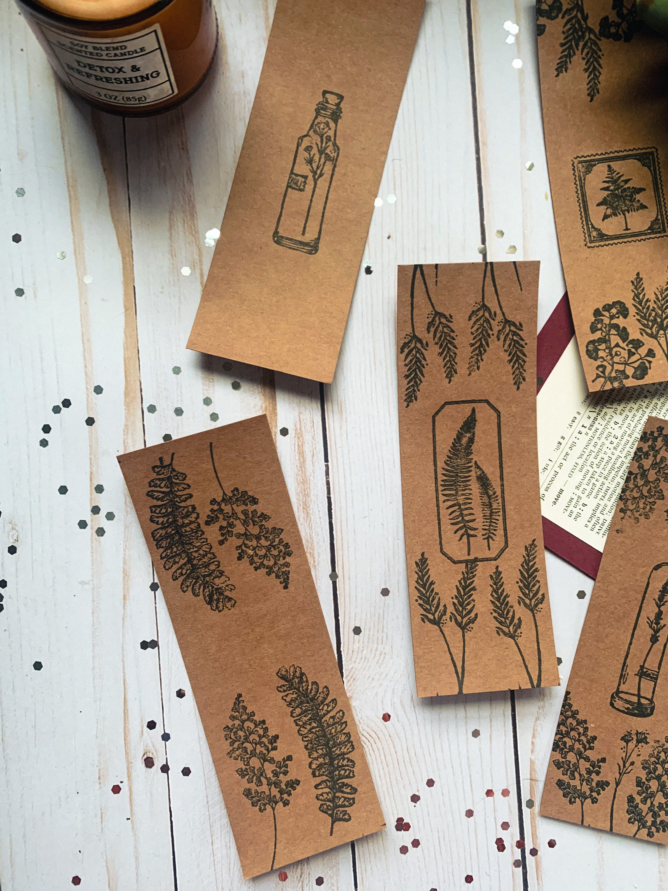 Hand Stamped Kraft Paper Bookmark Set Floral and Botanical Etsy