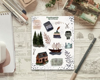 May include: A sheet of stickers featuring illustrations from the novel Frankenstein. The stickers are in a watercolor style and feature images such as a boat, a house, a pair of scissors, a book, a bottle, and a quote from the novel. The stickers are on a white background with a light blue and white speckled pattern.