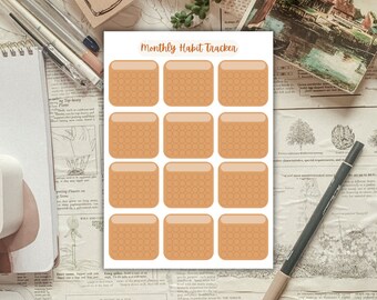 Monthly Habit Tracker Sticker Sheet for Journals and planners deco sticker sheet for planning, aesthetic cottagecore sticker sheet, planner