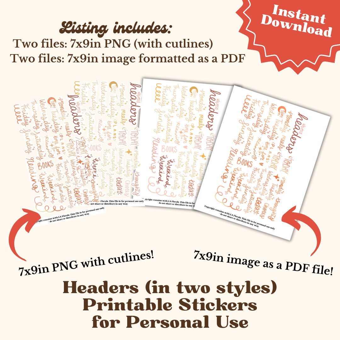 Tittle Header Sticker Printable Headers Stickers With Two Designs - Four Files (PNG & PDF ...