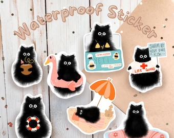 Bundle of 7 black cat summer waterproof stickers for cat lovers gift for black cat mom